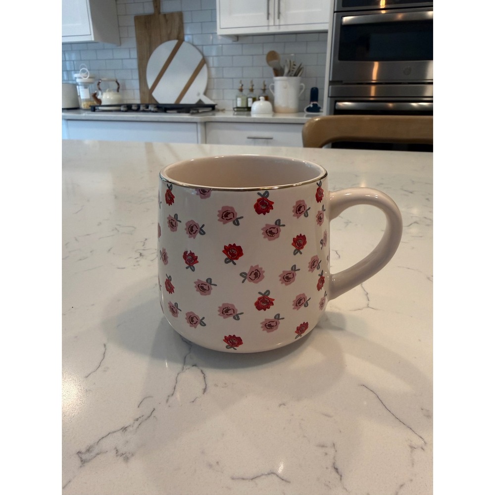 Threshold Stoneware Floral Rose Coffee Mug Cream Pink Red Gold Rim - Picture 2 of 5